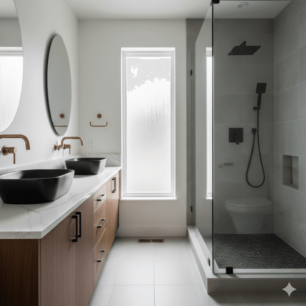 Seattle bathroom remodel with frameless shower and dual vanity
